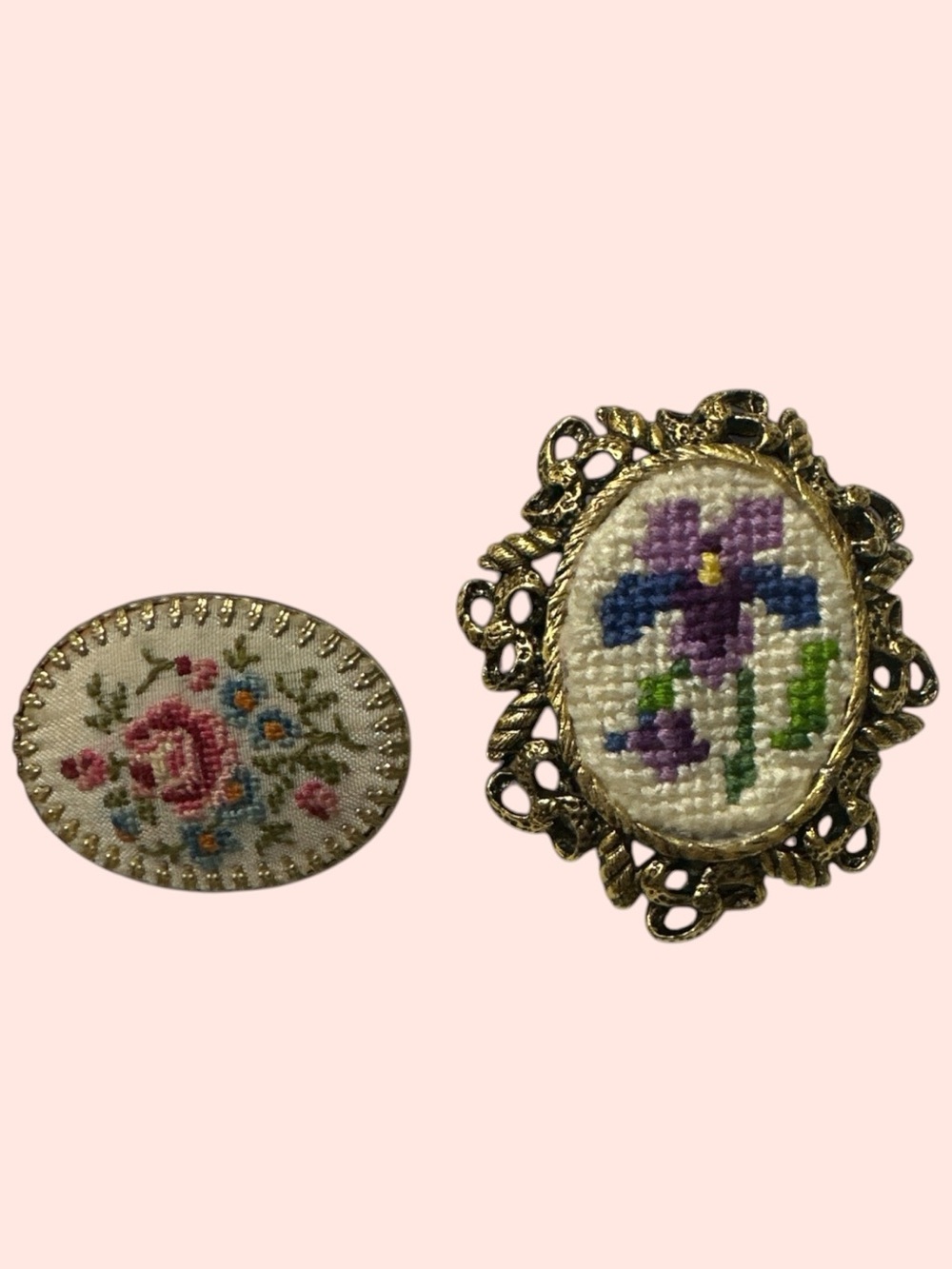 Handcrafted Purple Floral Cross-Stitch Brooch Pin
